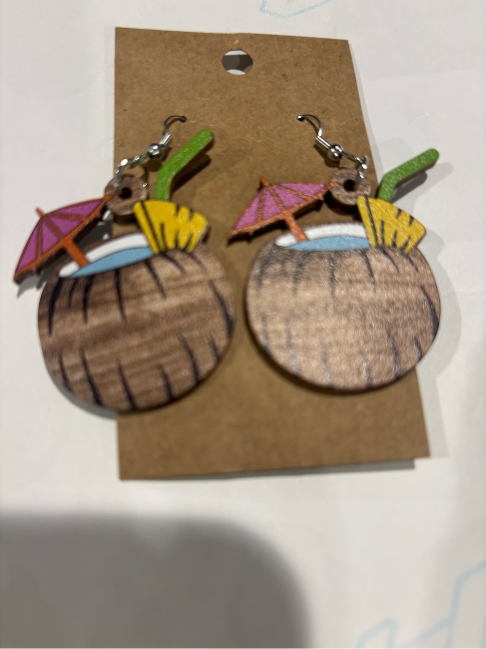 Wood-look Tropical Coconut Drink Earrings - Silver Fish Hook Back Dangle
